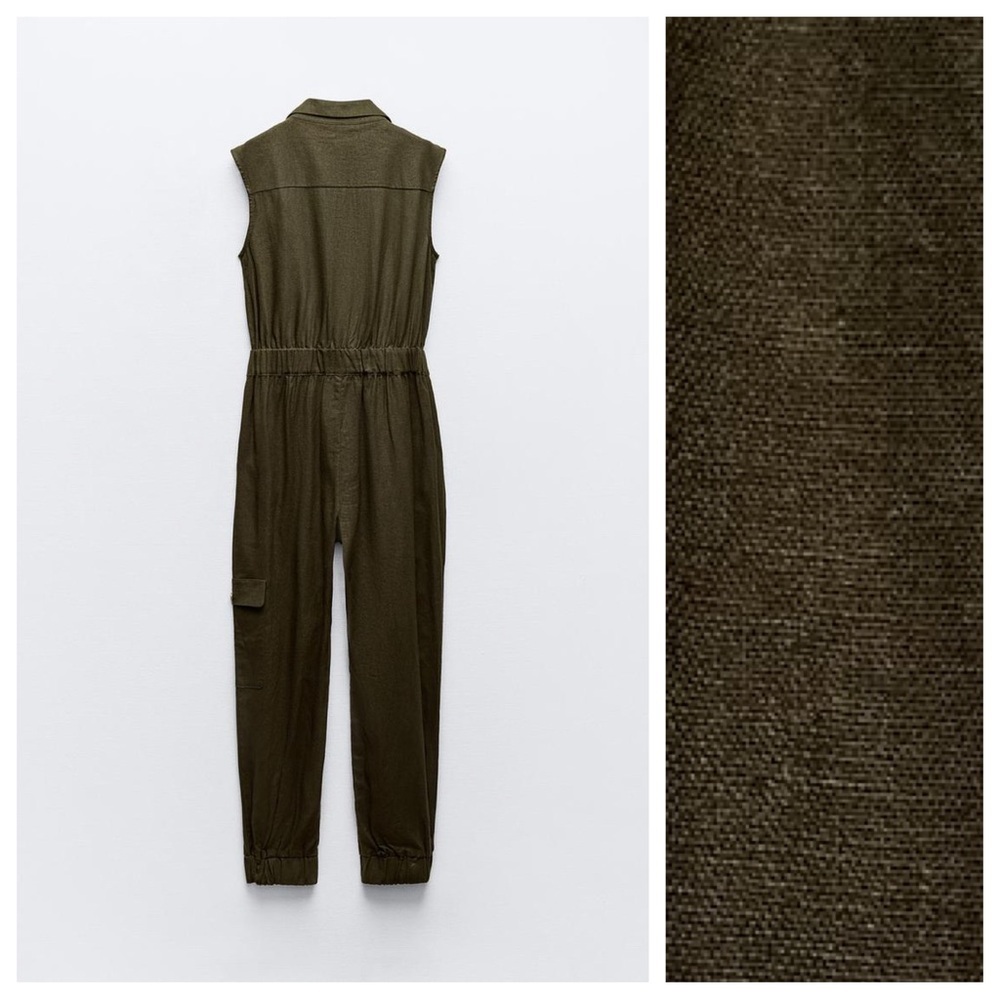 NWT. Zara Dark Khaki Linen Blend Sleeveless Jumpsuit. Size M. - Picture 5 of 11